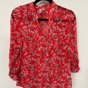 Red floral sheer blouse